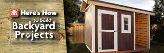 Clickable Button showing a small garden shed on the right with 'Here's How to build Backyard Projects' text over a pressure-treated wood piece on the left that opens that Home Hardware Web Page in a New Browser Tab