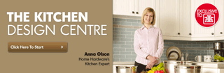 Clickable Button showing an image of a woman standign in front of white kitchen cabinets and stylized text 'The Kitchen Design Centre' on a grey-brown background that opens the Kitchen Design Centre Website in a New Browser Tab
