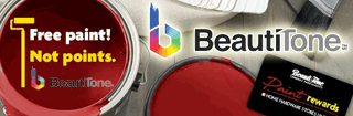 Clickable Button showing an image of an open paint can and stylized text 'Free Paint Not Points' beside the BeautiTione logo that opens the Paint Products Page in our Website