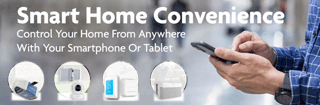 Clickable Button showing an image of a man handing holding an electronic device complemented with a small 4-image collage of smart-home devices and the heading 'Smart Home Convenience - Control your home from anywhere with your smartphone or tablet' that opens that Home Hardware Web Page in a New Browser Tab